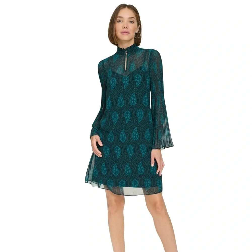 Tommy Hilfiger Paisley Chiffon Shift Dress Cypress Green 6 NWT Designer Office - Picture 4 of 7